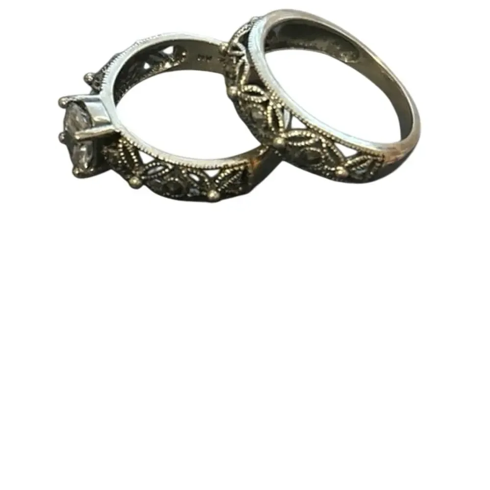 Vintage Art Deco Style Sterling Silver Bridal Set- Oval CA & Marcasite Accents